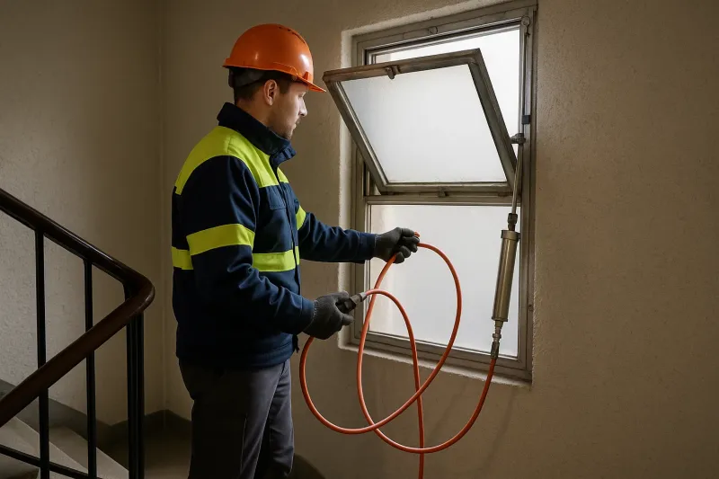 Remise en état par asservissement pneumatique du désenfumage dans une cage d'escalier R+5 à Strasbourg en Alsace