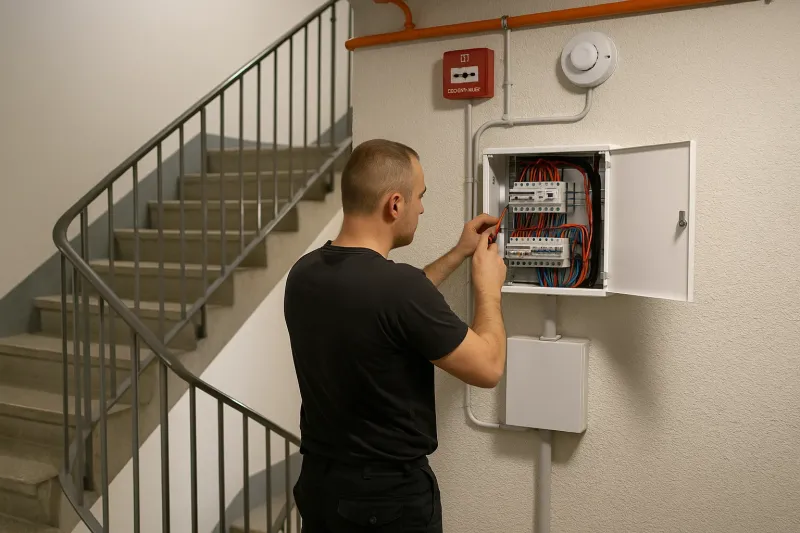Mise en conformité électrique du désenfumage dans une cage d'escalier R+4 avec détection incendie près de Strasbourg